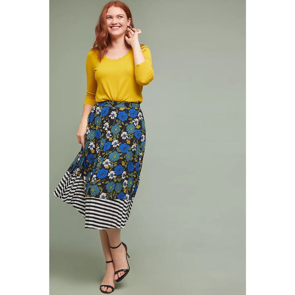 NWT Anthropologie (Lost + Wander) | Floral and Striped Pleated Midi Skirt | L
